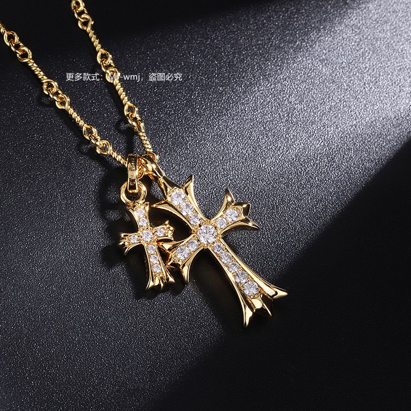 Vゴールド 925 スターリングシルバー ダイヤモンド ダブルクロス ゴールドネックレス 女性用ペンダント 鎖骨チェーン 22K ゴールド バンブーチェーン