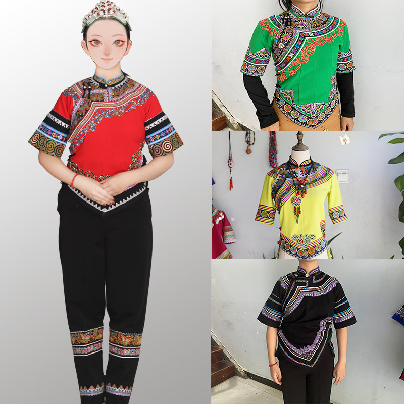 Yunnan Red River Minority Clothing Women Yi Hani Nation Custom Artisanal Embroidery Stage Dress Daily Wedding Celebration