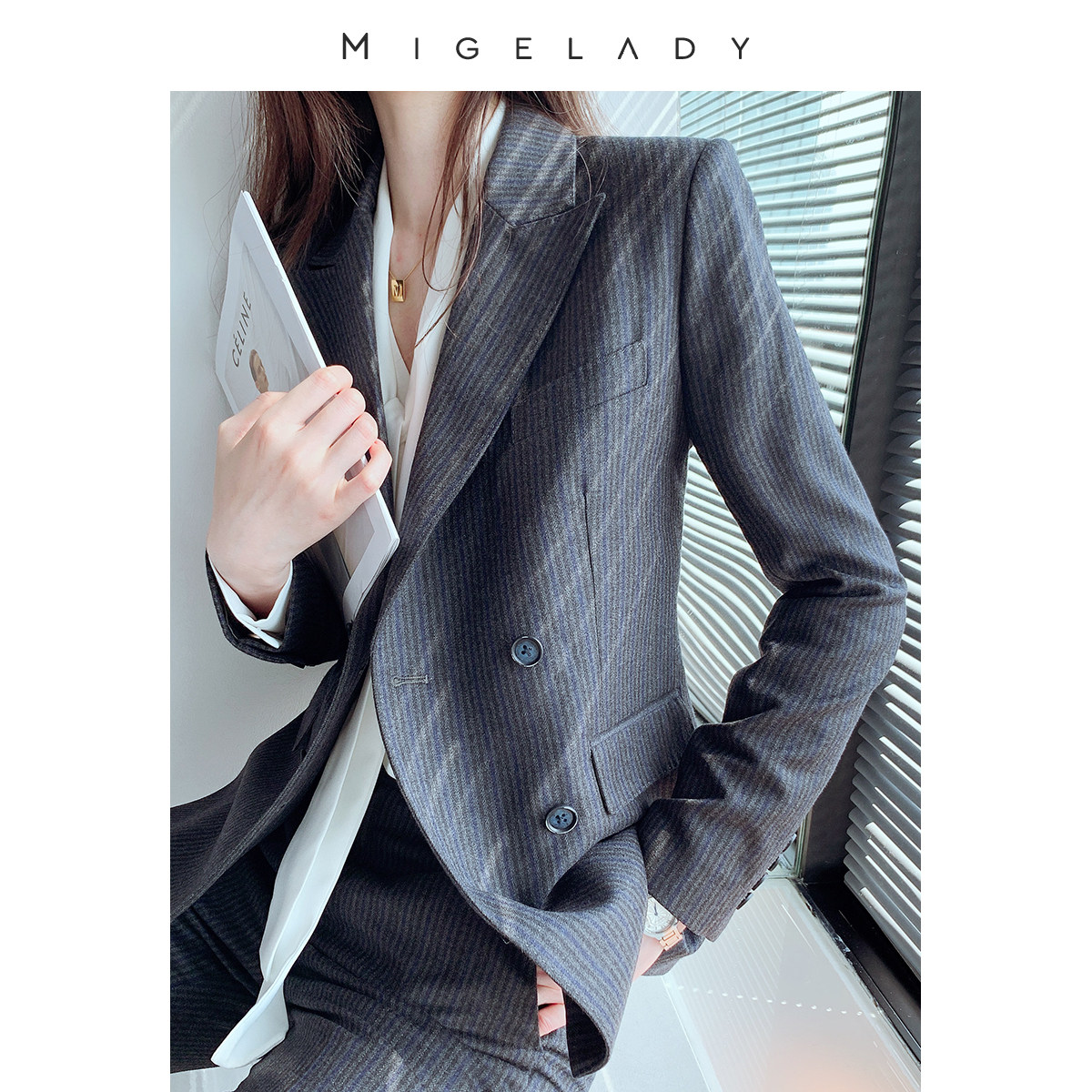 Thickened Suit Jacket Woman Autumn Winter New Design Sensation Small Crowdwool Brushed Striped Work Suit With Small Subsuit
