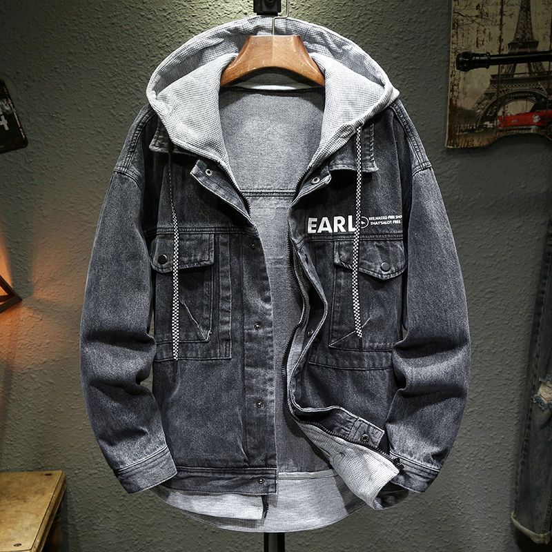 Autumn and Winter Hooded Denim Jacket for Men, Versatile Hooded Coat, Loose Workwear, Fake Two-Piece Print