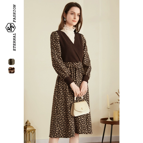 EF Осенний вельветовый корсет, платье, трикотажная юбка, яркий броский стиль, французский стиль, V-образный вырез, цветочный принт