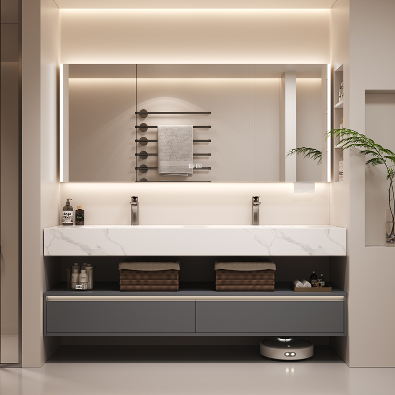Italian-Style Light Luxury Hotel Bathroom Cabinet Set with Rock Slab Hot-Bent Seamless Integrated Basin, Double-Layer Washstand, Smart Bathroom