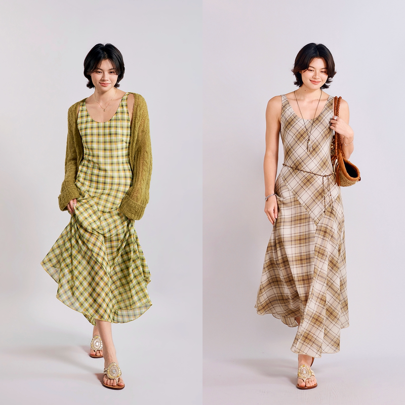 Dynamic and Lightweight Three-Dimensional Bias-Cut Plaid Dress 3m with Large Skirt, Romantic Vacation Sleeveless Long Dress Dynamic and Lightweight Three-Dimensional Bias-Cut Plaid Dress 3m with Large Skirt, Romantic Vacation Sleeveless Long Dress