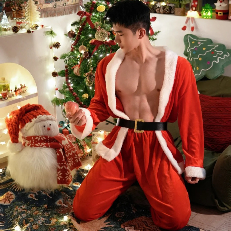 Santa Claus Costume for Men, Adult Cosplay Christmas Outfit, Streamer Performance Dress-Up, Bar Sexy Performance Costume