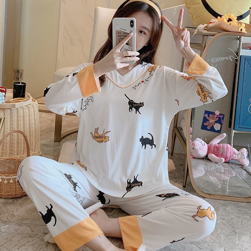 Korean version of spring and autumn pajamas women's autumn and winter thin long-sleeved cartoon loose home clothes two-piece suit summer cute cat