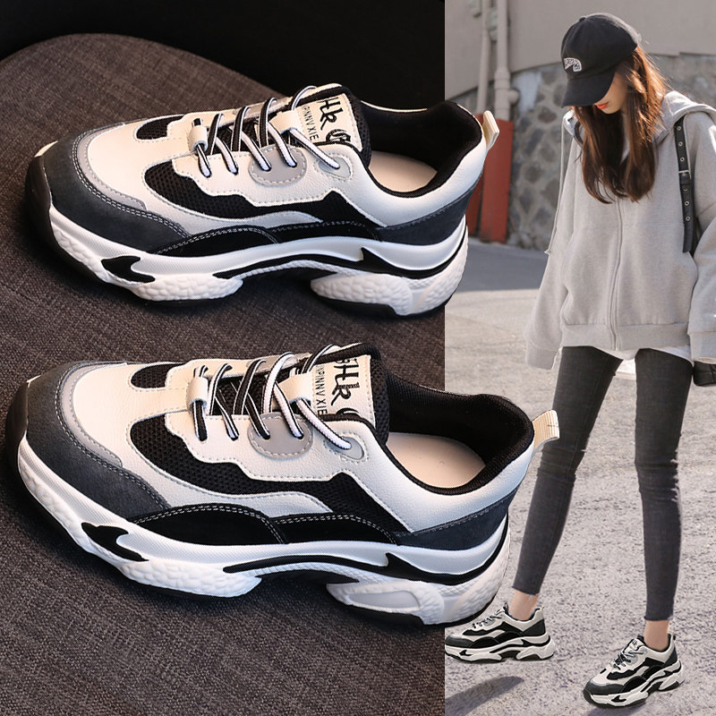 Black daddy shoes women's 2020 new super hot all-match ins tide show feet small lightweight thick bottom net red sneakers