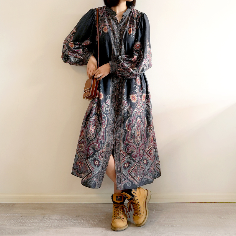 Nuancy New Floral Retro Ethnic Style Tie-Neck V-Neck Hyacinth Print Long Dress