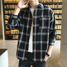 男士韩版长袖衬衫港风外套格子衬衣