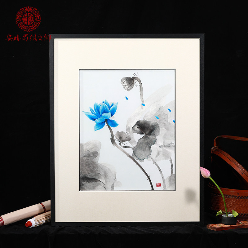 Chinese wind lotus series intangible cultural heritage Shu embroidery boutique hanging painting hand embroidery crafts living room study decorative painting