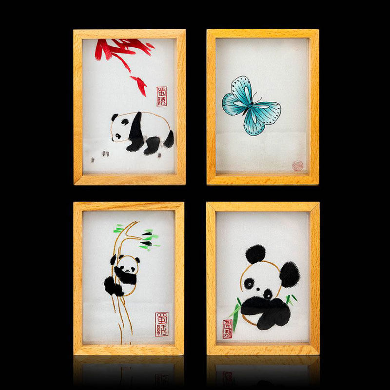 Panda Series Shu Embroidery Small Pendulum Piece Gift Living Room Desk Decoration Handmade Bifacial Embroidered Sichuan Non-Suicide Companion Gift