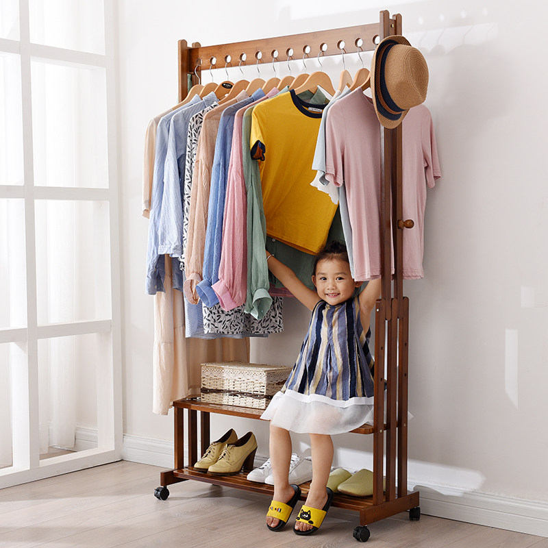 Floor bedroom inner hanging hanger home Easy clothes hat rack solid wood hanging bag rack Single-pole type mobile containing shelf-Taobao