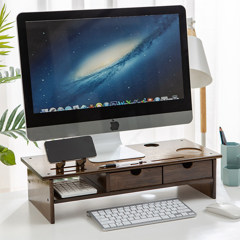 Neck guard desktop computer monitor screen elevated desk surface keyboard storage all-in-one machine plus high shelf