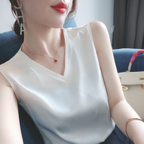 White Silk Hanging Vest Woman Salmon Silk Satin Satin V-collar sleeveless shirt in suit with T-shirt