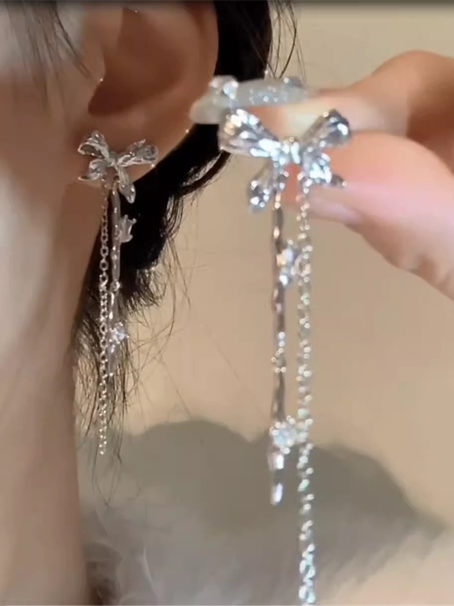 Серьги с кисточкой и бантом из циркона, женские нишевые дизайнерские серьги высокого класса, темпераментные длинные модные серьги Изображение 1