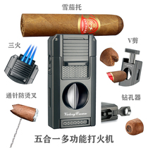 Cigar cutter and lighter integrated portable cigar tool with drill five-in-one multifunctional V-shaped cutter lighter