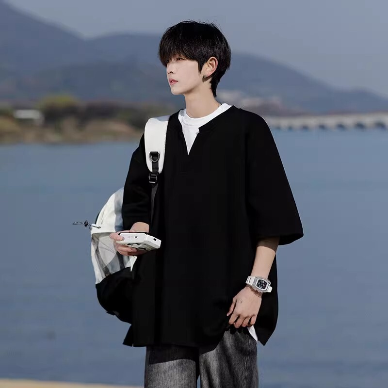【320G Heavyweight Pure Cotton】American Style Fake Two-Piece Short Sleeve T-Shirt for Men, Summer Simple ins Patchwork V-Neck Top 【320G Heavyweight Pure Cotton】American Style Fake Two-Piece Short Sleeve T-Shirt for Men, Summer Simple ins Patchwork V-Neck Top