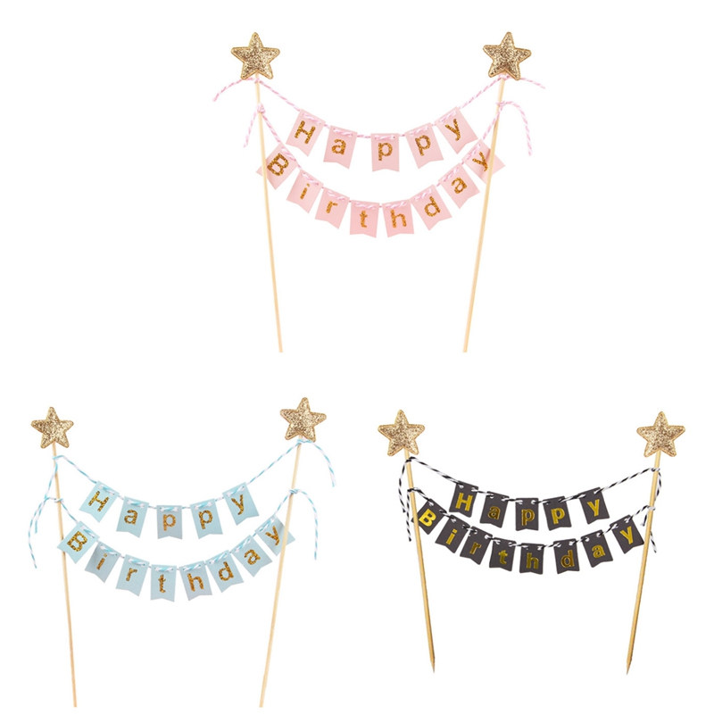 Happy Birthday Banner Cake Inserts Flag Inserts Pentagram Pink Gold Cake Decoration Plug-in Party Dessert Laqi-Taobao