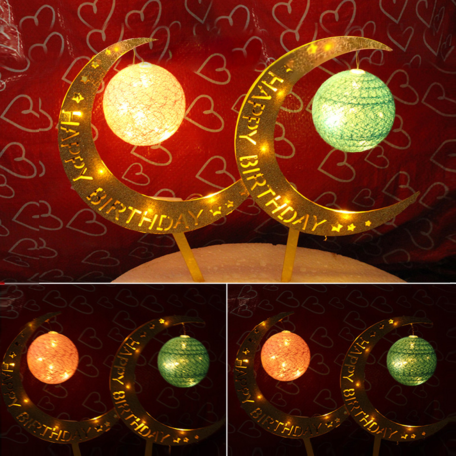 Cake decoration acrylic luminous ball cake plug-in moon lamp birthday dress up flag English decoration card