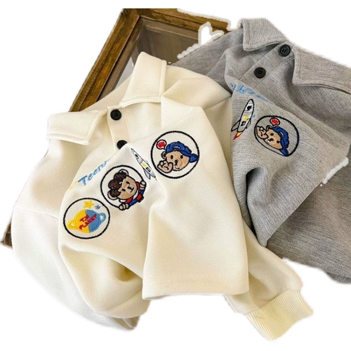 Детская осенняя футболка polo, рубашка, хлопковая толстовка, лонгслив, в западном стиле, с медвежатами, с вышивкой