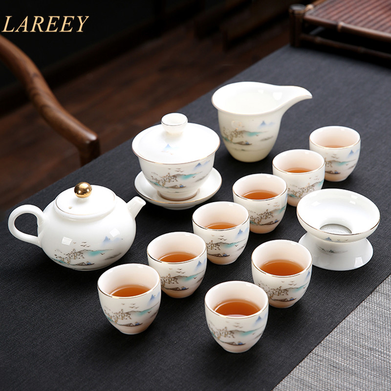 LAREEY High-end enamel kung fu tea set group household advanced lamb jade white porcelain teapot cup cover teapot group