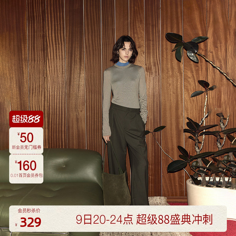 Ochirly Wool Worsted Suit Trousers for Women, Straight Wide-Leg, Suitable for Commuting in Autumn