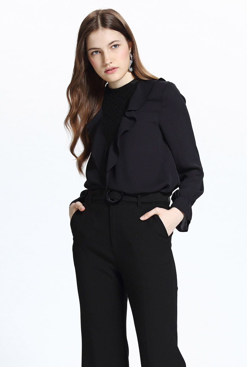 Ochirly Ou Shili nữ mùa thu mới màu rắn khâu hoa sen voan dài tay 1GZ3012050 áo sơ mi nhung tăm