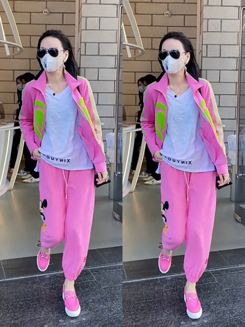 Fashion Suit Women's 2023 Early Spring New Loose Jacket Baseball Uniform Mickey Pattern Pink Casual Sweatpants Trendy