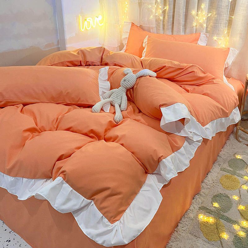 Girl's heart warm orange lace bed four-piece ins princess style quilt cover bed sheet dormitory three-piece set Nordic 4