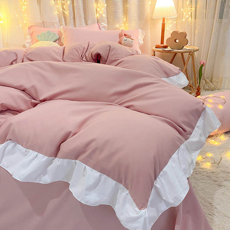 ins princess feng shui washed cotton bed linen four-piece set lace quilt cover cream powder bed single dormitory three-piece set 4