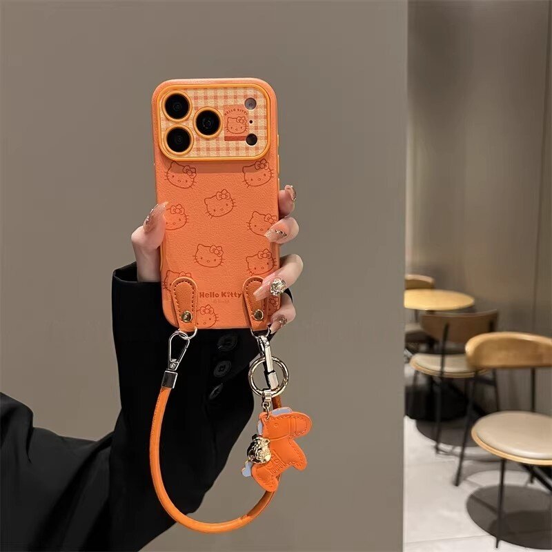 オレンジチェックのかわいい大きな窓付きKT猫ケース、Apple 17 Pro Max用電話ケース、iPhone 16ストラップ付きクロスボディバッグ、15 Proレザー、14 Pro Maxハンドバッグ、13 Pro落下保護、12新年