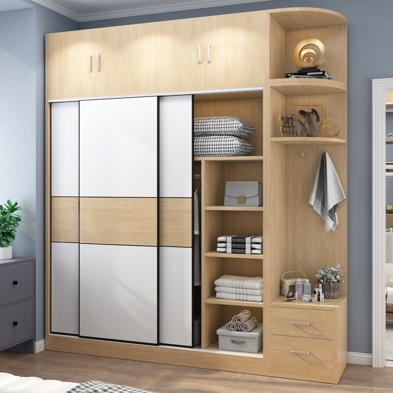 Large wardrobe solid wood sliding door modern simple cabinet locker home bedroom storage simple wardrobe installation-free