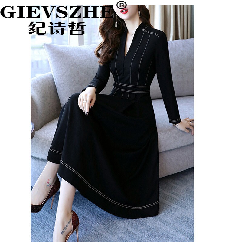 Ji Shizhe's 2020 autumn new waist-length slimming dress long-sleeved V-neck slim Korean version of the temperament over the knee long version