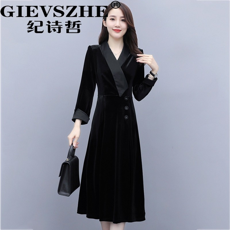 Ji Shizhe gold velvet dress noble foreign style 2020 autumn and winter light luxury ladies new dignified long-sleeved V-neck