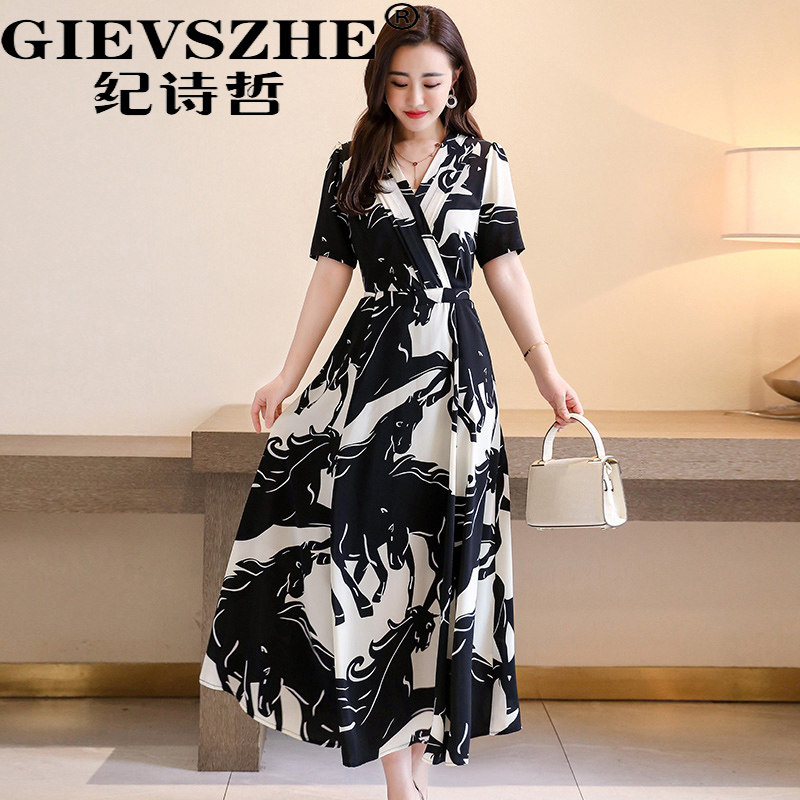 Ji Shizhe dress women 2022 new spring high-end black Floral Chiffon waist thin temperament V-neck