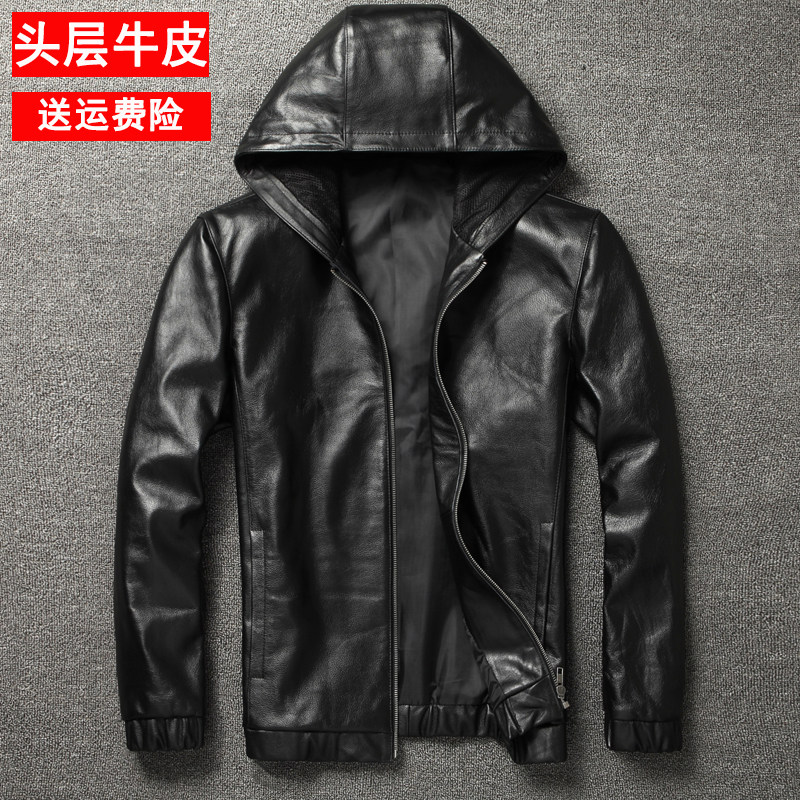 Harley locomotive imported first layer cowhide leather men's hooded hooded leather jacket thickened casual pure cowhide jacket