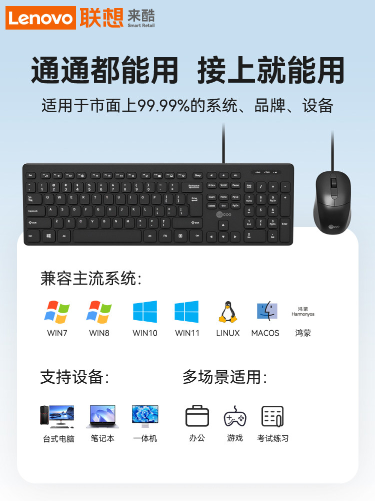 Lenovo Laiku Wired Keyboard and Mouse Set for Desktop and Laptop Computers, External Office Use, Silent Typing
