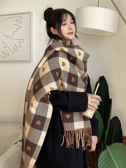 Double-sided love plaid scarf for women in winter cute student Korean style shawl thickened exterior scarf warm neck protection