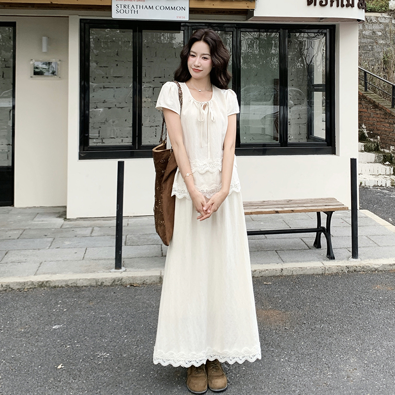 White Suit Skirt for Women, Summer 2026 New Korean Style, Gentle and Sweet Style, Lace Splicing Short-Sleeved Skirt Two-Piece Set