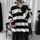 Striped crew neck sweater men's Korean style trendy personality loose sweater trendy brand in Hong Kong style casual sweater lazy sweater