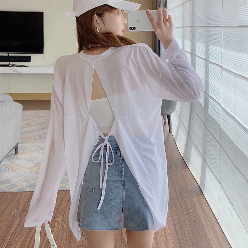 Backless Sun Protection T-Shirt for Women, Summer 150kg New Large Size Tie-Back Cover-Up, Loose Irregular Top, Thin