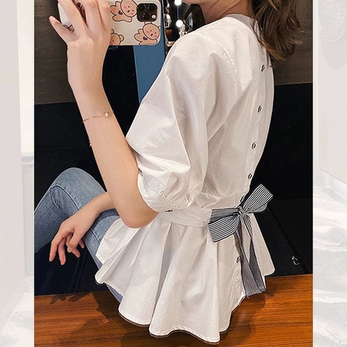 Небольшая дизайнерская летняя футболка с бантиком, корсет, французский стиль, тренд сезона