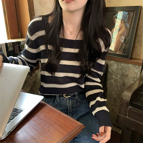 Ретро трикотажный базовый приятный телу демисезонный свитер, квадратный вырез, изысканный стиль