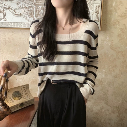 Ретро трикотажный базовый приятный телу демисезонный свитер, квадратный вырез, изысканный стиль