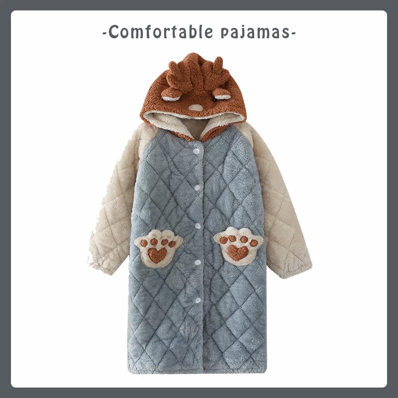 Lovers Long version sleeping robe women Coral Suede Winter Cute Three Layers Clip Cotton Thickened Warm Men's Flannel Pyjamas