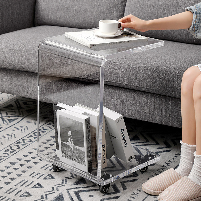 Transparent movable tea table cart acrylic sofa side several wheels Nordic luxury simple bedside corner ins