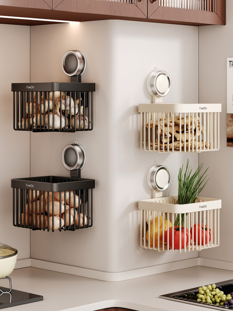 Finechi Kitchen Suction Cup Storage Rack for Onions, Ginger, and Garlic, Wall-Mounted Organizer, No-Drill Hanging Basket for Garlic and Ginger