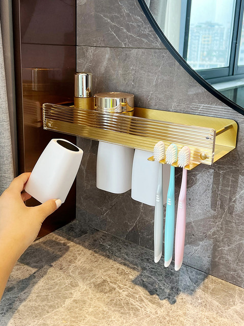 No-Drill Toothbrush and Cup Holder, Light Luxury Toilet Bathroom Shelf, Acrylic Washbasin Storage Rack