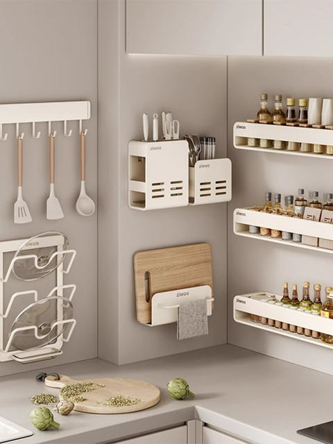 Finechi Kitchen Storage Rack, No-Drill Seasoning Rack, Wall-Mounted Knife Holder, Multifunctional Storage Rack