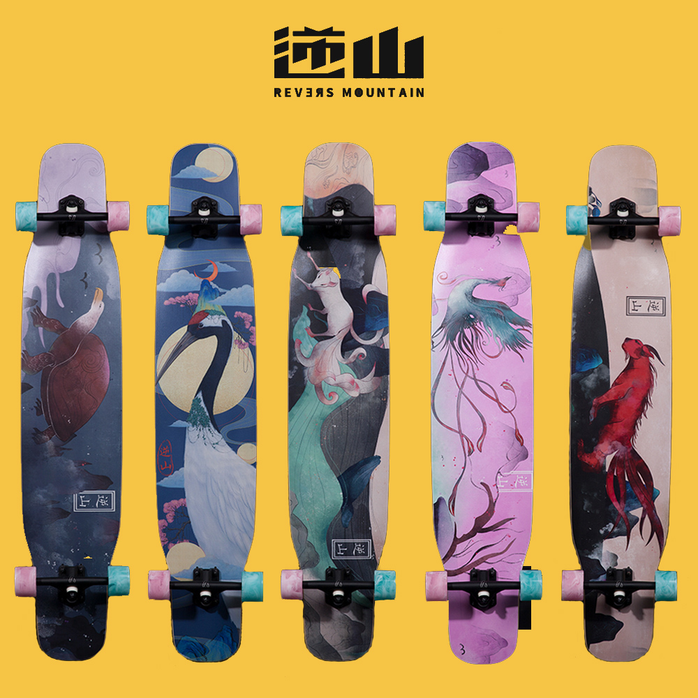 Reverse mountain professional longboard skateboarding dance board flat flower all-round adult children boys and girls universal white fox