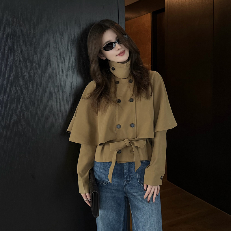 Authentic Ease Korean Drama Heroine Vibe Cape Design Short Trench Coat Jacket E268031 Authentic Ease Korean Drama Heroine Vibe Cape Design Short Trench Coat Jacket E268031